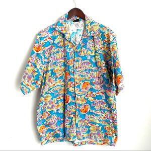 TOUCAN DANCE Mens Medium Vintage Colorful Fish Short Sleeve Hawaiian Button Up